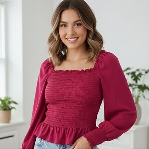 Bar III Fuchsia Smocked Blouse
